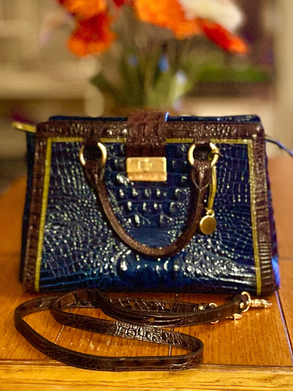 Brahmin Annabelle Tri-Color Satchel Blue Lime Green Brown
